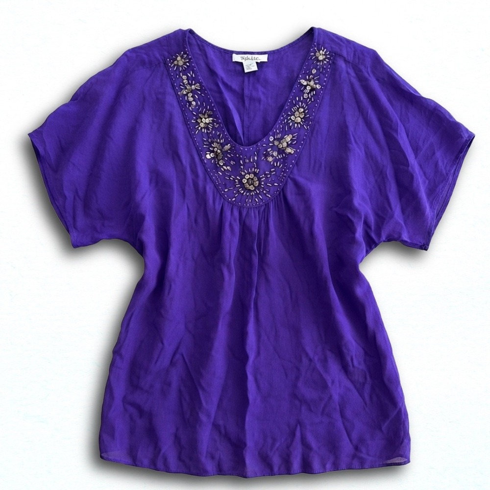 Style & Co Women Purple Beaded V-Neck Rayon Blouse Dolman Sleeve Size 14
